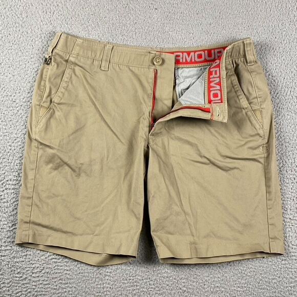 Under Armour Men's 40W Khaki Tan Golf Chino Shorts Performance Red Zipper - Picture 1 of 9